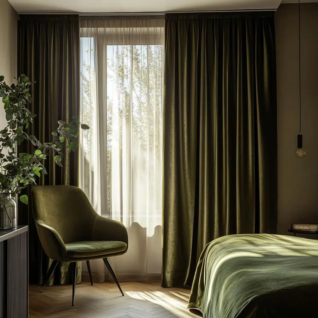 Groene overgordijnen met lichte vitrage in een warm interieur